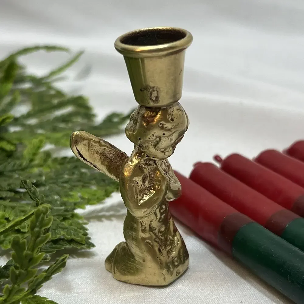 Vintage Brass 2.75” Praying Angel Christmas Candlestick Holder + 5 Candle Tapers
